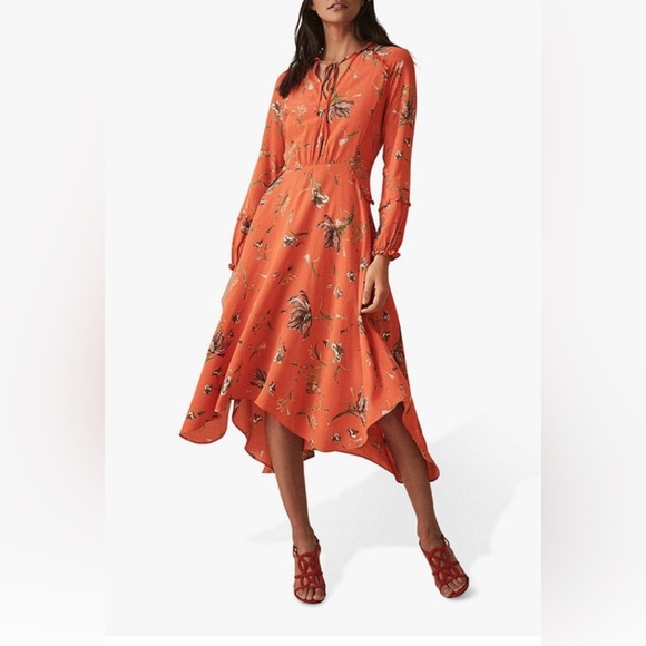 Reiss Bay Ruffle Tie Neck Long Sleeve orange  Floral Dress sz 4 new with tags - Picture 1 of 8